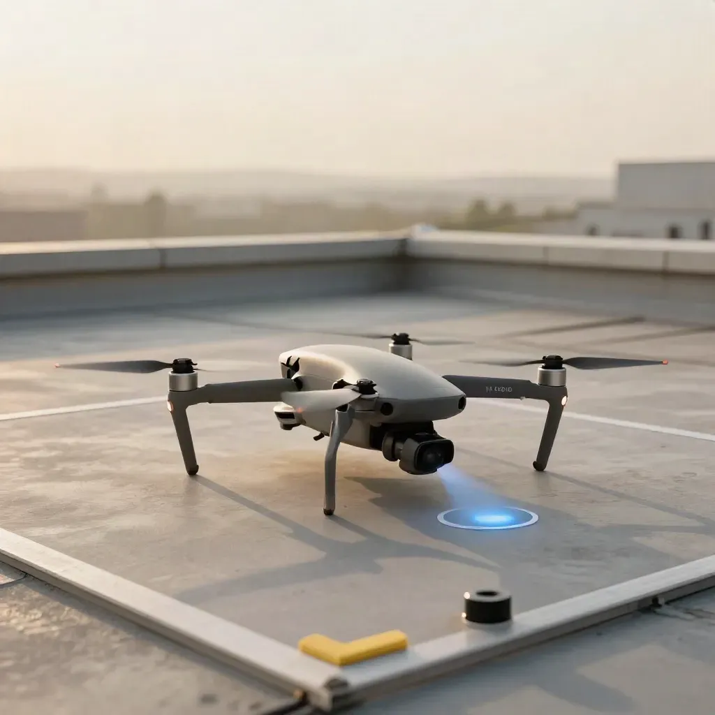 Dron z osłonami śmigieł ląduje na dachowym padzie obok znaczników i niebieskiej latarni.