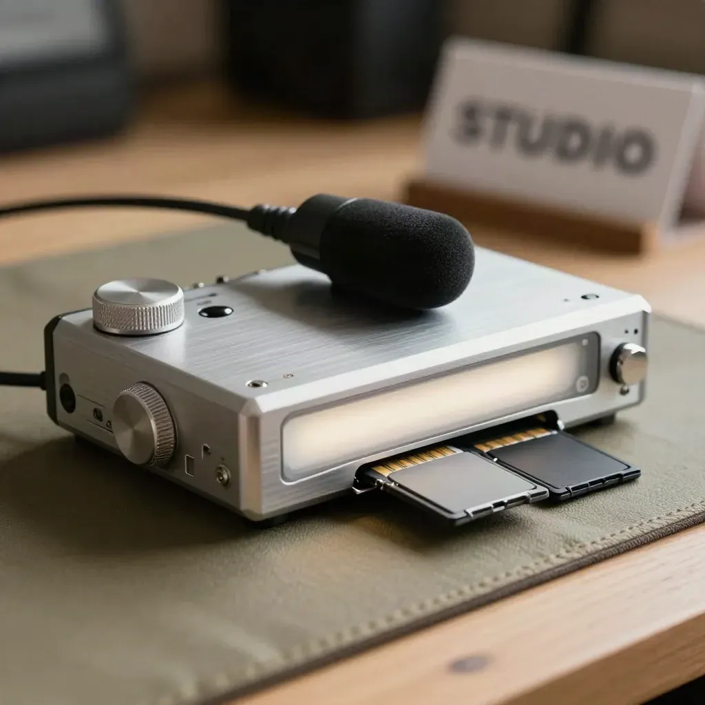 Rejestrator audio, kapsuła mikrofonu lav i karty pamięci na warsztacie filmowym.