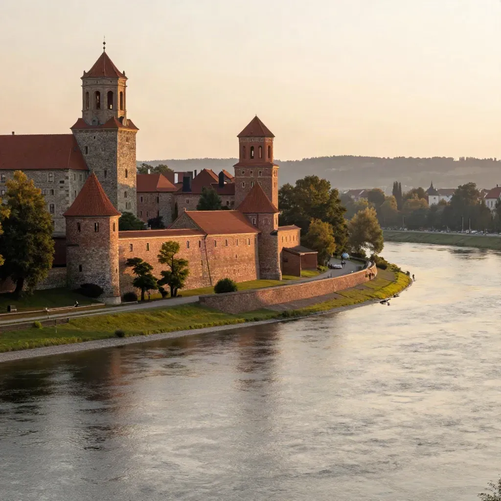 Wawel nad Wisłą w złotym świetle, mgła i czerwone dachy Małopolski.